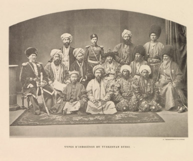 Group portrait of men from probably Uzbekistan, Types d'Indigènes du Turkestan Russe, page,
