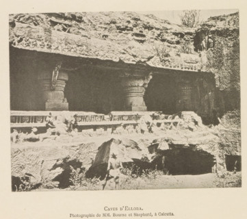 Caves d'Ellora, Exterior of an ornamented cave temple at Ellora, page, photomechanical print,