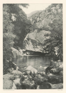 La Pentica, Two men before the Pentica Gorge in Corsica, page, photomechanical print, photographer: