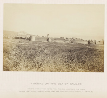 View of Tiberias in Israel, Tiberias on the sea of Galilee, photograph, page, inscription: ''There