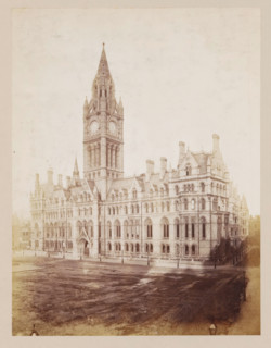 Exterior of Manchester Town Hall, photograph, page, photographer: J. McLeod, Manchester, 1877,