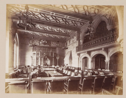 Meeting room in Manchester City Hall, photograph, page, title: 'The Council Chamber', photographer: