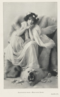 Portrait of an unknown woman on a polar bear skin, page, photomechanical print, printmaker: