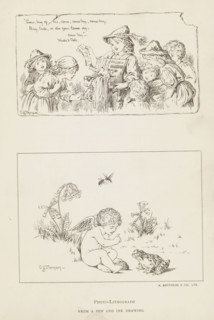 Two photoreproductions of drawings, depicting a street vendor and a putto with a frog,