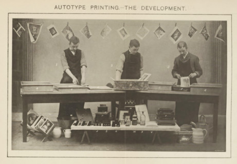 Process of developing what is believed to be a carbon print demonstrated by three men, Autotype