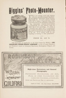 Higgins' Photo-Mounter, Pot of Higgin's adhesive for mounting photos, page, photomechanical print,