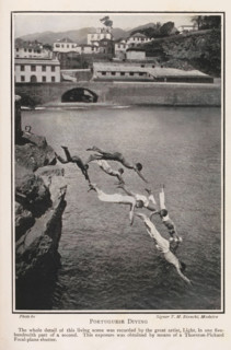 Portuguese diving, Boys diving off a cliff in Madeira, page, photomechanical print, inscription:
