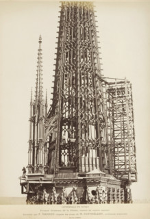 Copper spire for the roof turret of Notre-Dame in Rouen with workmen inside, Cathédrale de Rouen