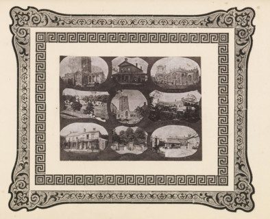Nine views of buildings in West Dorset, page, photomechanical print, photomontage, inscription: