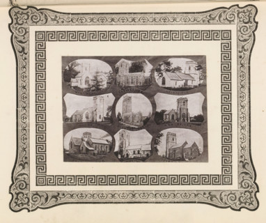 Nine views of churches in West Dorset, page, photomechanical print, photomontage, inscription: