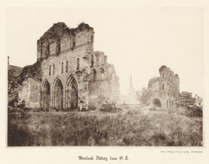 Wenlock Abbey from NE, View of the ruins of Wenlock Priory, page, photomechanical print,