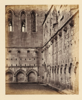 Remains of the cloister of Melrose Abbey, photograph, page, inscription: 'With finely-carved Door