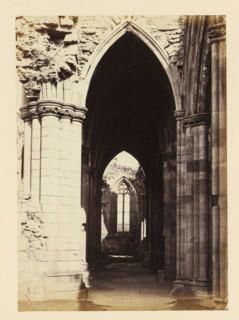 View of an aisle of the ruins of Melrose Abbey, photograph, page, title: 'Fine perspective view of
