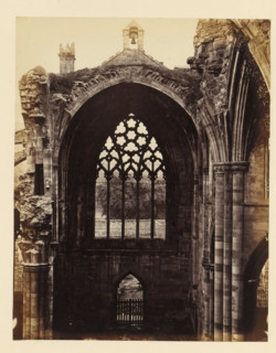 Interior with a view of a window of the ruins of Melrose Abbey, photograph, page, number: '(No. 5