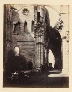 Interior of the north transept of the ruins of Melrose Abbey, photograph, page, title: 'Interior