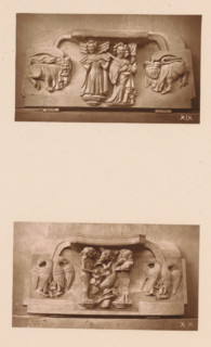 Two woodcarvings in Worcester Cathedral, page, photomechanical print, Above a woman and a man with