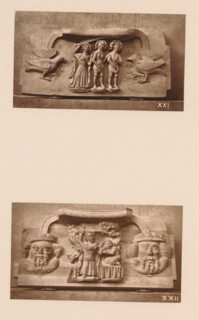 Two carvings in Worcester Cathedral, page, photomechanical print, Above an angel chases Adam and