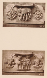 Two woodcarvings in Worcester Cathedral, page, photomechanical print, Above a suckling pig between