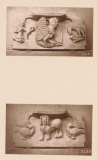 Two carvings in Worcester Cathedral, page, photomechanical print, Above a mythical creature between