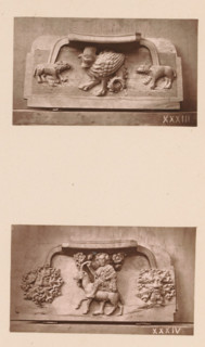 Two woodcarvings in Worcester Cathedral, page, photomechanical print, Above a basilisk between