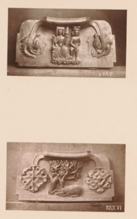 Two wood carvings in Worcester Cathedral, page, photomechanical print, Above a spinning woman and