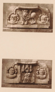 Two woodcarvings in Worcester Cathedral, page, photomechanical print, Above a crowned lion between