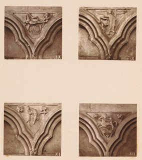 Four woodcarvings in an arcade of Worcester Cathedral, page, photomechanical print, Top left a