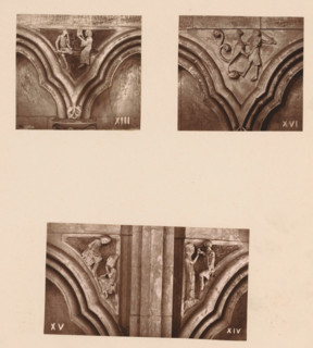 Three woodcarvings in an arcade of Worcester Cathedral, page, photomechanical print, Top left an