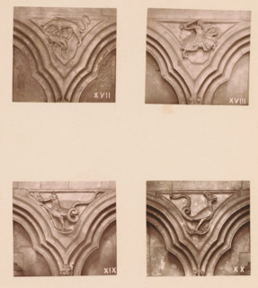 Four woodcarvings in an arcade of Worcester Cathedral, page, photomechanical print, Top left a