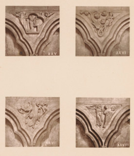 Four woodcarvings in an arcade of Worcester Cathedral, page, photomechanical print, Top left a