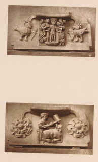 Two woodcarvings in Worcester Cathedral, page, photomechanical print, Above a knight with flowers