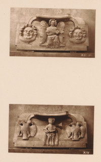 Two woodcarvings in Worcester Cathedral, page, photomechanical print, Above: a musical angel