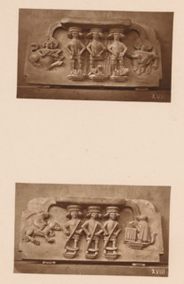 Two carvings in Worcester Cathedral, page, photomechanical print, Above three mowing figures