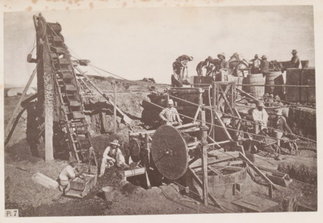 Men at work in a diamond mine in South Africa, presumably near Kimberley, page, photomechanical