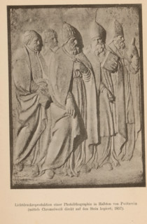 Relief, (presumably) depicting a pope and bishops, page, photomechanical print, inscription: