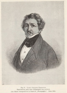 Photo reproduction of a print depicting a portrait of Louis Jacques Daguerre, Louis Jacques