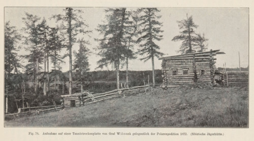 Exterior of a hunting hut in Siberia, Sibirische Jägerhütte, page, photomechanical print,
