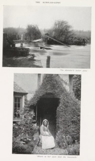 View of a river and an unknown woman in front of a house, page, photomechanical print, inscription: