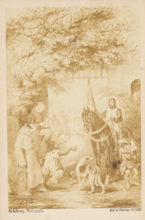Photo reproduction of a drawing of a knight on a horse in front of a gate with people around him,