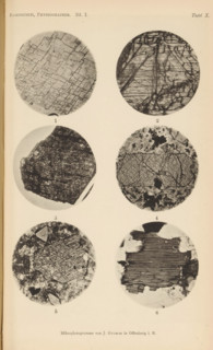 Six microscopic enlargements of minerals, page, photomechanical print, Image 1 is calcite, 2 is
