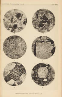 Six microscopic enlargements of minerals, page, photomechanical print, Image 1 is titanite, 2 is