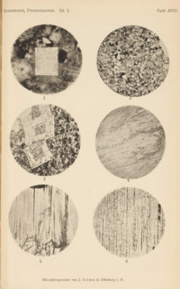 Six microscopic enlargements of minerals, page, photomechanical print, Image 1 is nepheline, 2 is