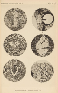 Six microscopic enlargements of minerals, page, photomechanical print, Image 1 is enstatite, 2 is