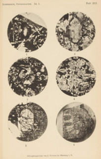 Six microscopic enlargements of minerals, page, photomechanical print, Image 1 is olivine, 2 is