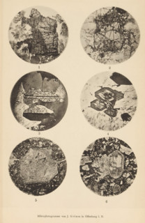 Six microscopic enlargements of minerals, page, photomechanical print, Image 1 is augite, 2 is