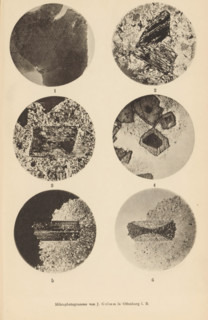 Six microscopic enlargements of minerals, page, photomechanical print, Image 1, 2 and 3 is biotite,