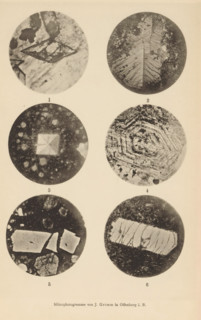 Six microscopic enlargements of minerals, page, photomechanical print, Image 1 is titanite, 2 is