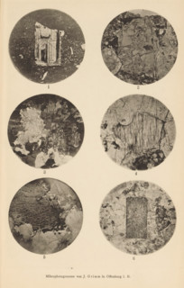 Six microscopic magnifications of minerals, page, photomechanical print, Image 1 is sanidine and