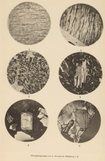 Six microscopic enlargements of minerals, page, photomechanical print, Image 1 is microcline, 2 is