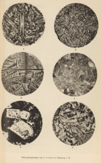 Six microscopic magnifications of minerals, page, photomechanical print, Image 1 is olivine in